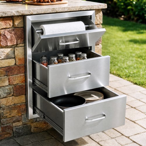 VEVOR 17W x 30H x 21D Inch Outdoor Kitchen Stainless Steel Double Access Drawers with Paper Towel Ho