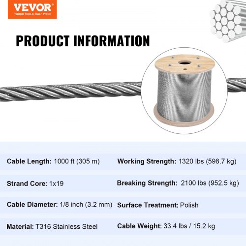 VEVOR Cable Railing T316 Stainless Steel Wire Rope Cable Strand 1/8" 1x19 500ft 