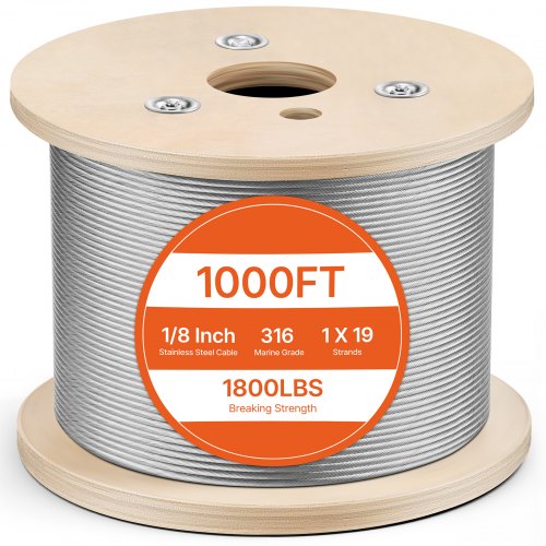 VEVOR T316 Stainless Steel Wire Rope Cable High Strength Tension Flexible Stainless Steel Cable OD 3.2MM Length 1000Ft 11.14KN Cable Railing(300M)