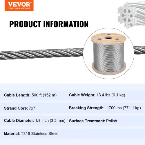T316 Stainless Steel Wire 1/8Inch 7x7 Steel Wire Rope Cable 500ft Cable Railing 