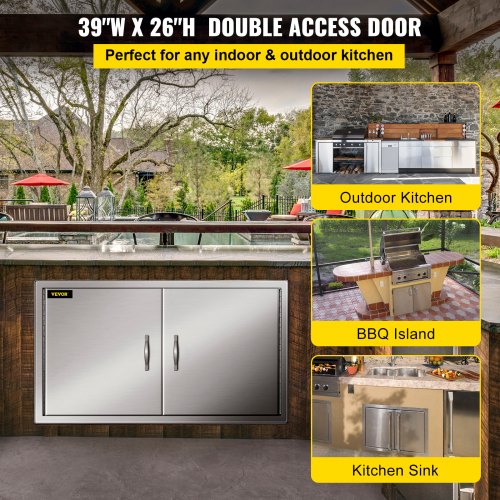 39"x26" Stainless Steel Double Access BBQ Door w/ Handle Outdoor BBQ Fit Kitchen 