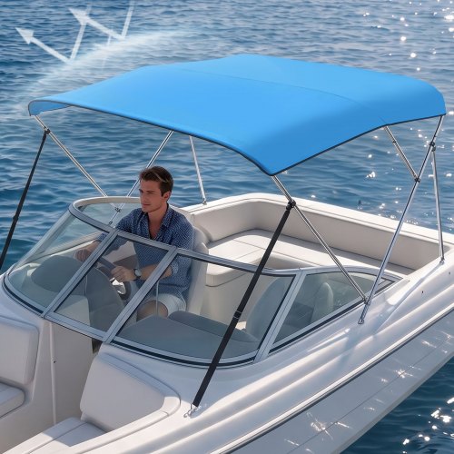 VEVOR 3 Bow Boat Bimini Tops, 600D Polyester Canopy with Aluminum Alloy Frame, Waterproof & Sun Shade Boat Awning Canopy with Storage Bag, 2 Support Poles, 4 Straps, 6'Lx(61"-66")W x46"H, Pacific Blue