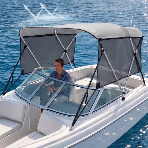 VEVOR 3 Bow Bimini Top Boat Cover, Detachable Mesh Sidewalls, 600D Polyester Canopy with 1" Aluminum