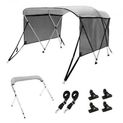 

VEVOR 3 Bow Bimini Top Boat Cover, Detachable Mesh Sidewalls, 600D Polyester Canopy with 1" Aluminum Alloy Frame, Includes Storage Boot, 2 Support Poles, 2 Straps, 6'L x 46"H x 61"-66"W, Light Grey