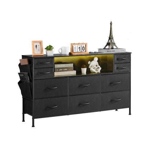 

10 Fabric Drawer Dresser with Open Storage Shelf LED Lights & Outlet Black