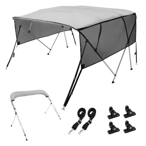 

VEVOR 4 Bow Bimini Top Boat Cover, Detachable Mesh Sidewalls, 600D Polyester Canopy with 1" Aluminum Alloy Frame, Includes Storage Boot, 2 Straps, 2 Support Poles, 8'L x 54"H x 85"-90"W, Light Grey
