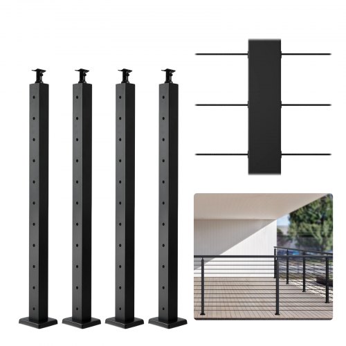 

VEVOR 4-Pack Cable Railing Post, 36" x 2" x 2" Steel Horizontal Hole Deck Railing Post, 10 Pre-Drilled Holes, SUS304 Stainless Steel Cable Rail Post with Horizontal and Curved Bracket, Black