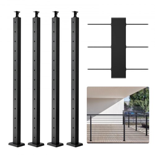 

VEVOR 4-Pack Cable Railing Post, 42" x 1" x 2" Steel Horizontal Hole Deck Railing Post, 12 Pre-Drilled Holes, SUS304 Stainless Steel Cable Rail Post with Horizontal and Curved Bracket, Black