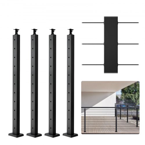 

VEVOR 4-Pack Cable Railing Post, 36" x 1" x 2" Steel Horizontal Hole Deck Railing Post, 10 Pre-Drilled Holes, SUS304 Stainless Steel Cable Rail Post with Horizontal and Curved Bracket, Black