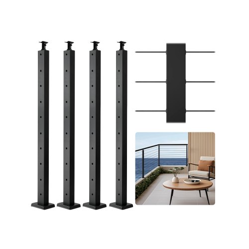 

VEVOR 4-Pack Cable Railing Post, 36x1x2 In Horizontal-Hole Deck Railing Post with Pre-Drilled Holes, Stainless Steel Cable Rail Post with Horizontal and Curved Bracket, Black, 4JZLGZXHS914UUOI6001V0