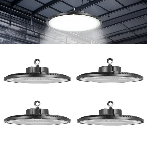 

VEVOR 4 Pack LED High Bay Lights, 5000K 250W 36000LM Super Bright UFO LED Warehouse Shop Lights, IP65 Waterproof, 100-277V Wide Voltage for Warehouse Workshop Factory Gym Garage Barn, Black