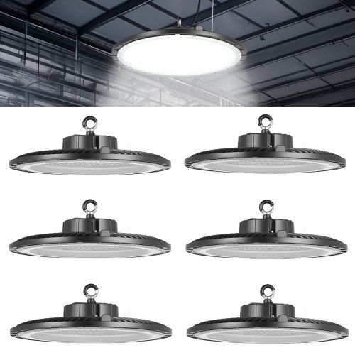 

VEVOR 6 Pack LED High Bay Lights, 5000K 250W 36000LM Super Bright UFO LED Warehouse Shop Lights, IP65 Waterproof, 100-277V Wide Voltage for Warehouse Workshop Factory Gym Garage Barn, Black