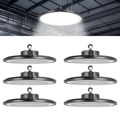 

VEVOR 6 Pack LED High Bay Lights, 5000K 150W 21000LM Super Bright UFO LED Warehouse Shop Lights, IP65 Waterproof, 100-277V Wide Voltage for Warehouse Workshop Factory Gym Garage Barn, Black