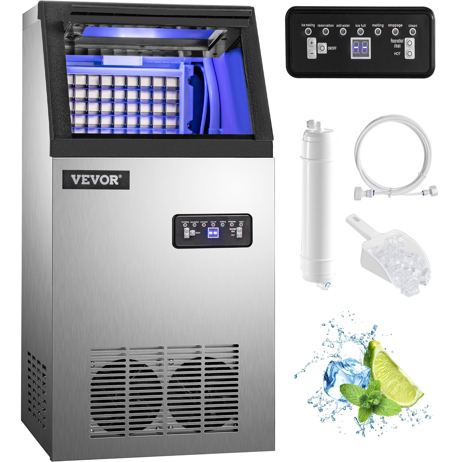 VEVOR Commercial Ice Maker, 100 lbs/24h, Stainless Steel Under Counter Ice Machine with 29 lbs Storage Bin, 4x8 Cubes Ready in 15 Mins, Water Filte от Vevor Many GEOs