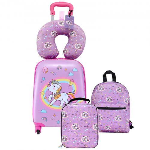 VEVOR Kids Luggage Set, 5 Piece, 45.7 cm Hardside Rolling Wheels Suitcase with Backpack & U-shape Pillow, Unicorn Kids Carry on Luggage Set, Holiday Birthday Gift for Girls Boys, Airline Approved