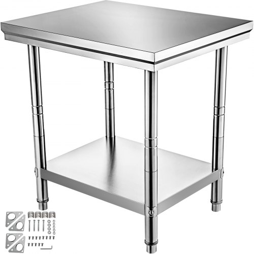 

VEVOR Stainless Steel Prep Table, 24 x 30 x 31 Inch, 700 lbs Load Capacity, Heavy Duty Metal Worktable with 3 Adjustable Height Levels, Commercial Workstation for Kitchen Garage Restaurant Backyard