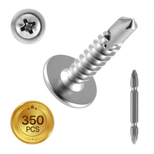VEVOR #8 Self Drilling Wood Screws, 3/4 Inch Long 350 PCS Truss Head Wood Screws, Phillips Drive Quick Metal Self Tapping Screw, Stainless Steel and Full Thread, Screwdriver Bit Included, Silver 8ZZLD300400GUZRER001V0