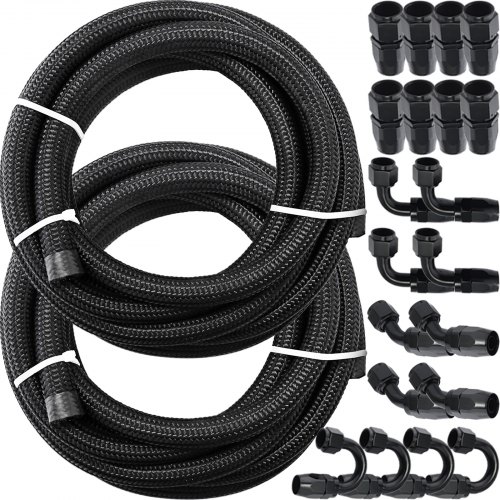 VEVOR 8AN Fuel Line, 20 Pcs 8AN Fuel Hose Kit, 32.8Ft BK Nylon Stainless Steel Braided Oil Line Hose, NBR CPE Synthetic Rubber AN8 Gas Line, 8AN Universal Fitting Adapter Set with Aluminum Hose End
