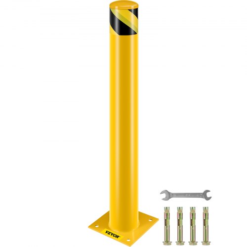 VEVOR Safety Bollard Safety Barrier Bollard 4-1/2″ OD 36″ Height Yellow Powder Coat Pipe Steel Safety Barrier with 4 Free Anchor Bolts for Traffic-Sen