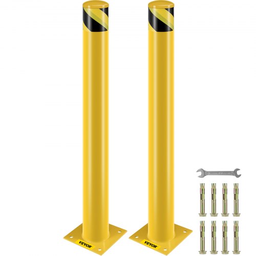 VEVOR Safety Bollard, 42 Inch Height Bollard Post, 4.5 Inch Diameter Steel Pipe Safety Bollard Post, Yellow Steel Bollard, Steel Safety Bollard with 8