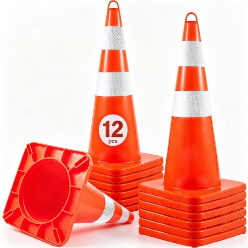 VEVOR Safety Cones, 12 x 28" Traffic Cones, PVC Orange Construction Cones, 2 Reflective Collars Traffic Cones with Weighted Base and Hand-Held Ring Used for Traffic Control, Driveway Road Parking
