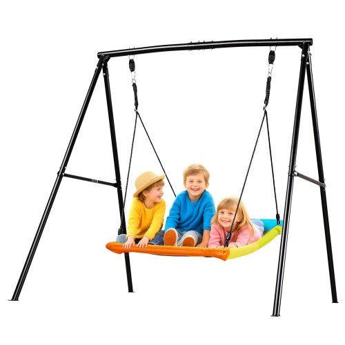 

VEVOR Swing Set for Backyard, 60 x 32 in Swing Seat with Heavy Duty A-Frame Metal Stand, 440 lbs Load Capacity, Reinforced with Spiral Ground Anchors, Swingset Outdoor for Kids, Black and Colorful