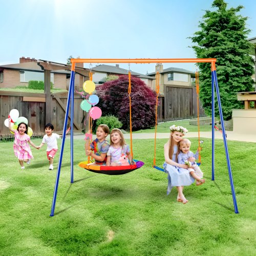 Vevor Swing Sets For Backyard, 440Lbs Load Capacity Swing Set, With 1 Saucer Swing Seat, 1 Belt Swing Seat, Heavy Duty A-Frame Metal Swing Stand And A-image