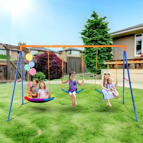 

VEVOR Swing Sets for Backyard, 600lbs Load Capacity Swing Set, with 1 Saucer Swing Seat, 2 Belt Swing Seats, Heavy Duty A-Frame Metal Swing Stand and Adjustable Rope, Swingset Outdoor for Kids