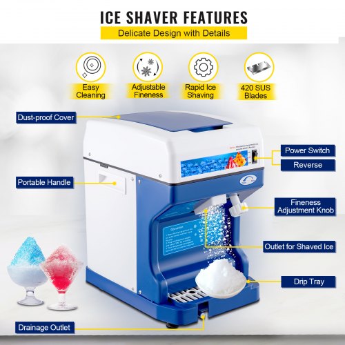 Electric Ice Crusher Shaver 250W Snow Cone Maker 265 LBS/H w/ Adjustable Texture 