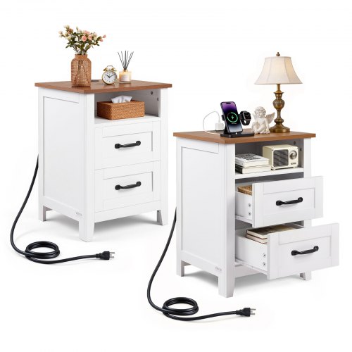 

VEVOR Farmhouse Nightstands, with Charging Station, Set of 2, End Tables with 2 Drawers and Open Shelf, Bedside Storage Cabinets, Rustic Side Tables with USB Port, for Bedroom, Living Room, White