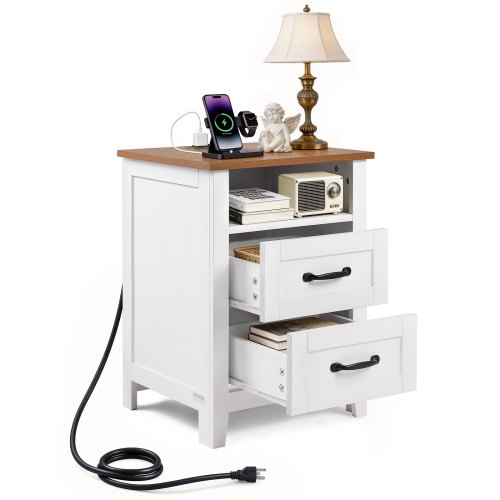 

VEVOR Farmhouse Nightstand, with Charging Station, End Table with 2 Drawers and Open Shelf, Bedside Storage Cabinet, Rustic Side Table with USB Port and AC Outlets, for Bedroom, Living Room, White