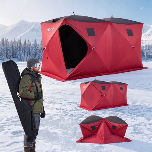 VEVOR Pop Up Ice Fishing Tent 6-8 Person 142 x 71 x 79 in Portable Shelter, for Winter Fishing, 67 sq ft Area, 300D Oxford Fabric Hub-Style Shanty, Ice Cube with Anchors, Ropes, Carry Bag, Red/Black