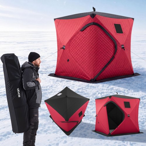 VEVOR Pop Up Ice Fishing Tent 3-4 Person 71 x 71 x 79 in Insulated Shelter, for Winter Fishing, 34 sq ft Area, 600D 4-Layer Fabric, Portable Hub-Style Shanty Cube with Anchors, Ropes, Carry Bag, Red