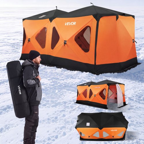 VEVOR Pop Up Ice Fishing Tent 8-10 Person 162x91x91 in Insulated Shelter, for Winter Fishing, 115 sq ft Area, 600D 4-Layer Fabric, Portable Hub-Style
