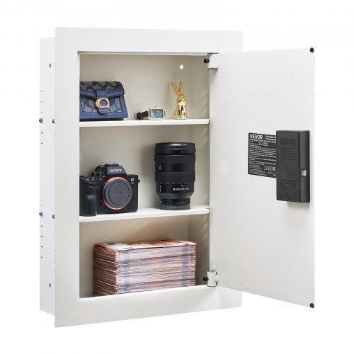 

VEVOR 0.83 sq.ft Wall Safe, 3-Tier Hidden Wall Safe with Password, Key & Turning Knob, Q235 Cold-Rolled Steel In-Wall Box with Adjustable Shelves & Mounting Holes for Money, Jewelry, Passport, White