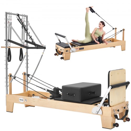 VEVOR Pilates Reformer with Tower 94" Pilates Machine 400 lbs Maple Wood, for Home Use and Gym Workout, with Jump Board, Music Wire Springs, and Sitting Box, Suitable for Advanced and Beginners Users