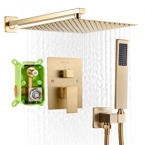 VEVOR Shower Faucet Set, Rainfall Bathroom Shower System with 12-Inch Square Rain Shower Head and Handheld Spray, Wall Mounted Bath Fixtures with Brass Valve and Trim Kit, Brushed Gold BGSAZDPHSZHLC0A0B001V0