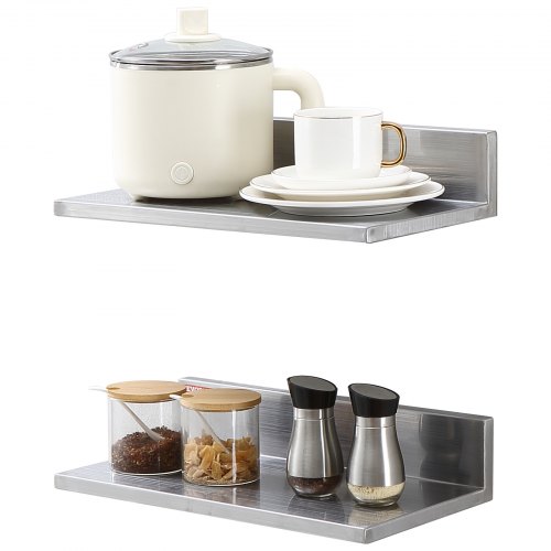 VEVOR 8.6"" x 16"" Stainless Steel Shelf, Wall Mounted Floating Shelving with Backsplash, 44 lbs Load Capacity Commercial Shelves, Heavy Duty Storage Ra