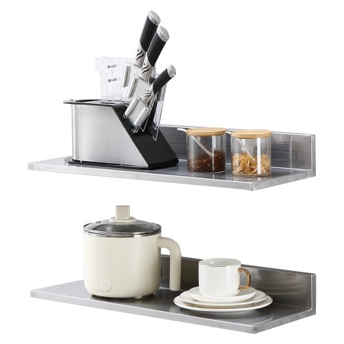 VEVOR 8.6"" x 24"" Stainless Steel Shelf, Wall Mounted Floating Shelving with Backsplash, 44 lbs Load Capacity Commercial Shelves, Heavy Duty Storage Ra