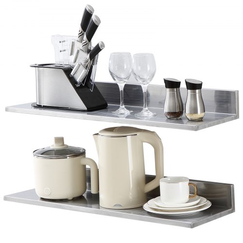 VEVOR 8.6"" x 30"" Stainless Steel Shelf, Wall Mounted Floating Shelving with Backsplash, 44 lbs Load Capacity Commercial Shelves, Heavy Duty Storage Ra