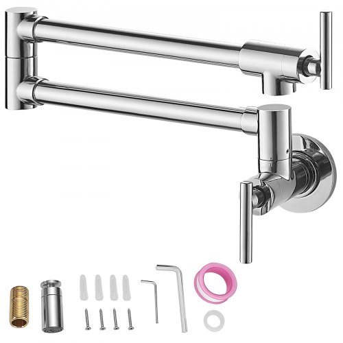 VEVOR Pot Filler Faucet, Solid Brass Commercial Wall Mount Kitchen Stove Faucet with Gold Brushed Finish, Folding Restaurant Sink Faucet with Double Joint Swing Arm & 2 Handles