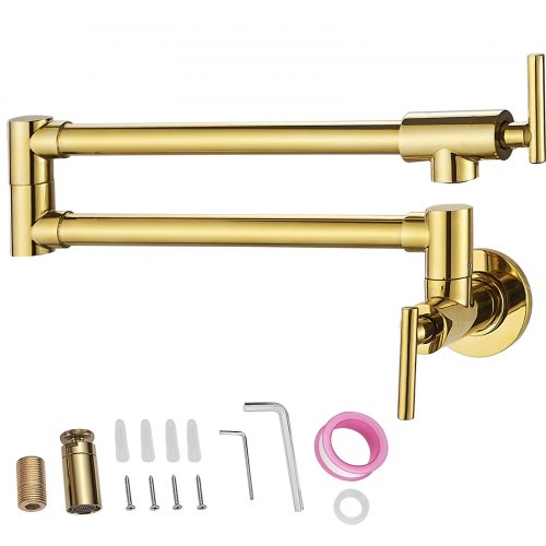 

VEVOR Pot Filler Faucet, Solid Brass Commercial Wall Mount Kitchen Stove Faucet with Gold Finish, Folding Restaurant Sink Faucet with Double Joint Swing Arm & 2 Handles 24.4