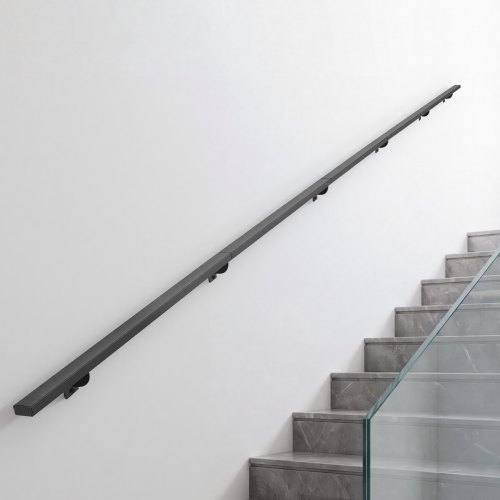 Vevor Wall-Mounted Stair Handrail, 15 ft 250 lbs Load Black Metal Railing, for Indoor Steps, Loft, Porch & Hallways, Heavy-Duty Industrial Aluminum Alloy Hand Rail, Square Tube, with Mounting Hardware