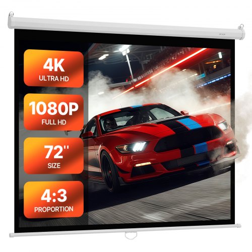 VEVOR Manual Projector Screen, 72 inch 4:3 4K 1080 HD Retractable Pull Down Proj