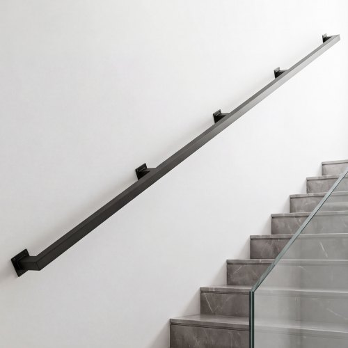 Vevor Wall-Mounted Stair Handrail, 12 ft 440 lbs Load Black Metal Railing, for Indoor Steps, Loft, Porch & Hallways, Heavy-Duty Industrial Carbon Steel Hand Rail, Square Tube, with Mounting Hardware