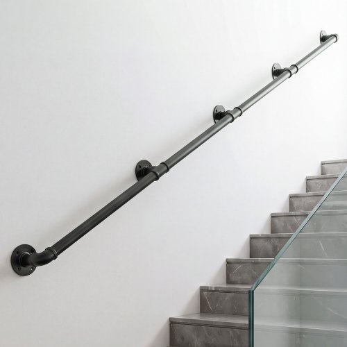 Vevor Wall-Mounted Stair Handrail, 13 ft 440 lbs Load Black Metal Railing, for Indoor Steps, Loft, Porch & Hallways, Heavy-Duty Industrial Carbon Steel Hand Rail, Round Tube, with Mounting Hardware