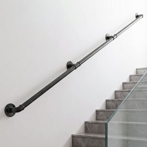 Vevor Wall-Mounted Stair Handrail, 8 ft 440 lbs Load Black Metal Railing, for Indoor Steps, Loft, Porch & Hallways, Heavy-Duty Industrial Carbon Steel Hand Rail, Round Tube, with Mounting Hardware