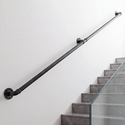VEVOR Wall-Mounted Stair Handrail, 6 ft 440 lbs Load Black Metal Railing, for Indoor Steps, Loft, Porch & Hallways, Heavy-Duty Industrial Carbon Steel Hand Rail, Round Tube, with Mounting Hardware