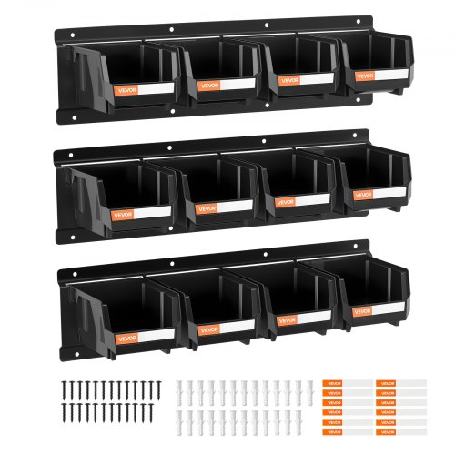 Vevor Wall Mounted Storage Bins, 12 Plastic Bins & 3 Metal Rails, Plastic Hanging Stackable Storage Bin For Screws, Nuts, Bolts, Nails, Hardware Tool-image