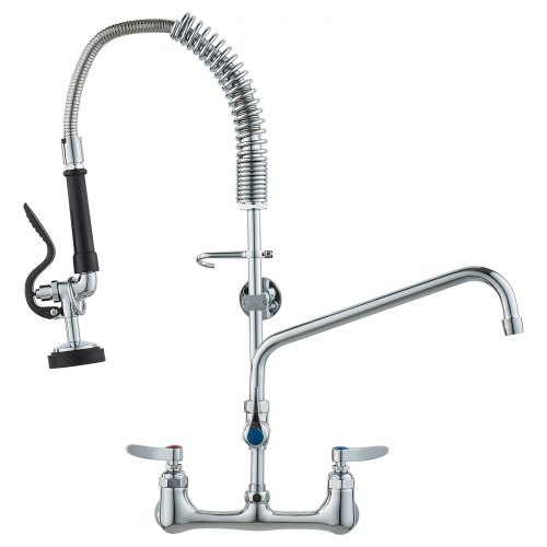 

VEVOR Wall-Mounted Kitchen Faucet, 25" Tall, 8" Center Distance, 12" Rotatable Spout, Includes Pre-Rinse Spray, Brass Build, Pull-Down Feature, Suitable for Multi-Compartment Sinks